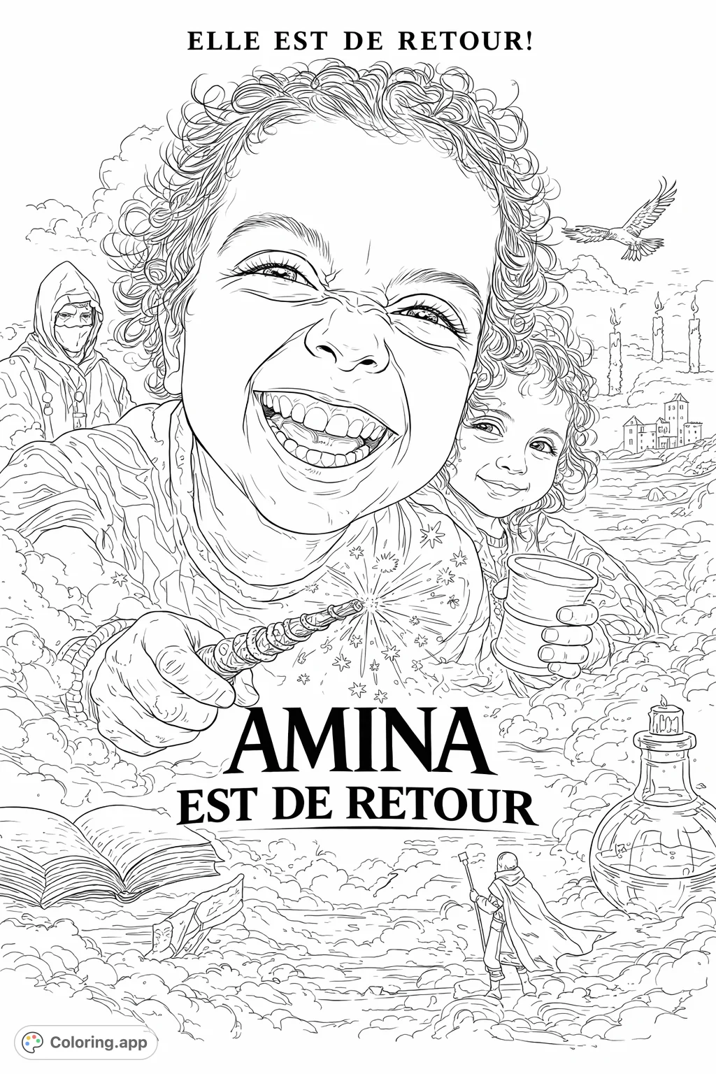 A joyful child wields a magic wand, surrounded by mystical elements and distant wonders, perfect for a magical adventure coloring page.