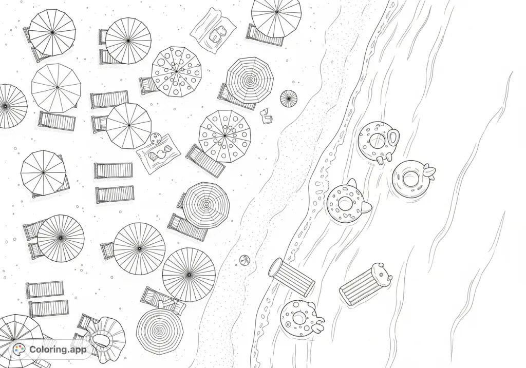 An aerial view summer beach coloring page featuring scattered beach umbrellas, chairs, towels on the sand, and inflatable tubes floating in the water. A perfect summer escape.