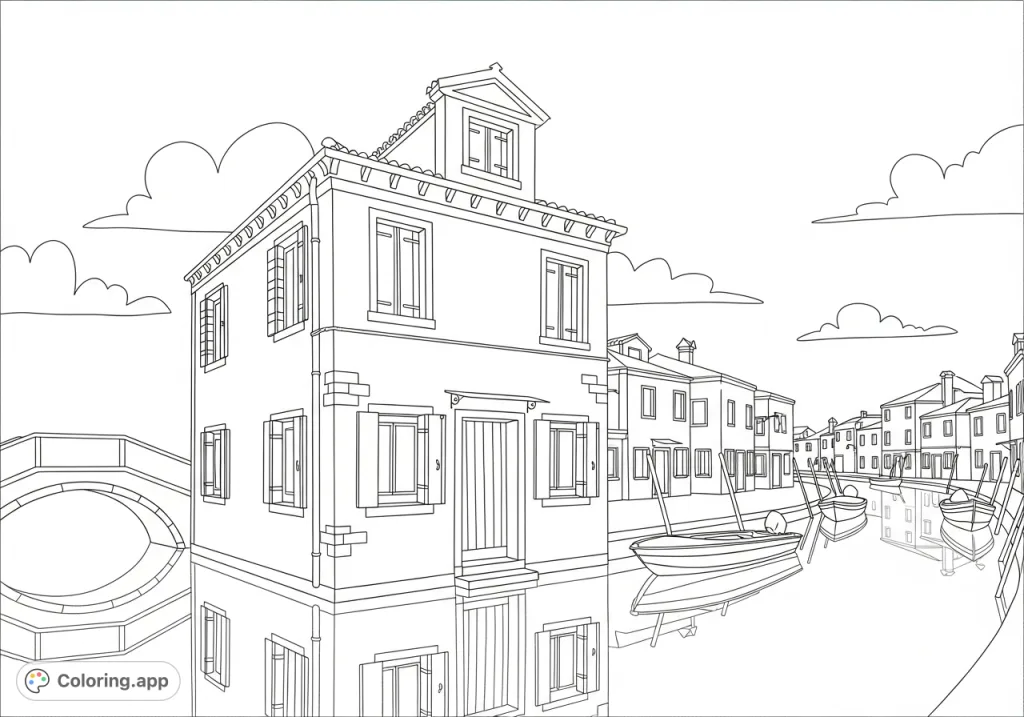 Explore the picturesque canals of Burano, Italy, with this charming house coloring page. Perfect for a relaxing artistic escape.