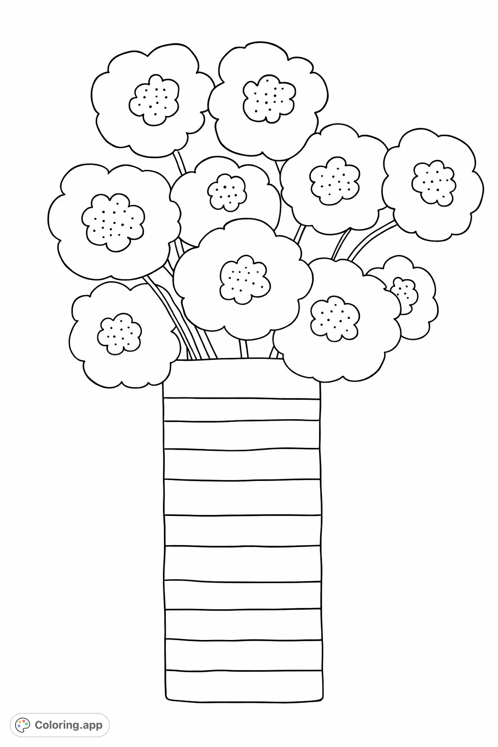 A delightful floral coloring page featuring a simple bouquet of abstract flowers in a horizontally striped vase. Perfect for quick relaxation and creative expression.