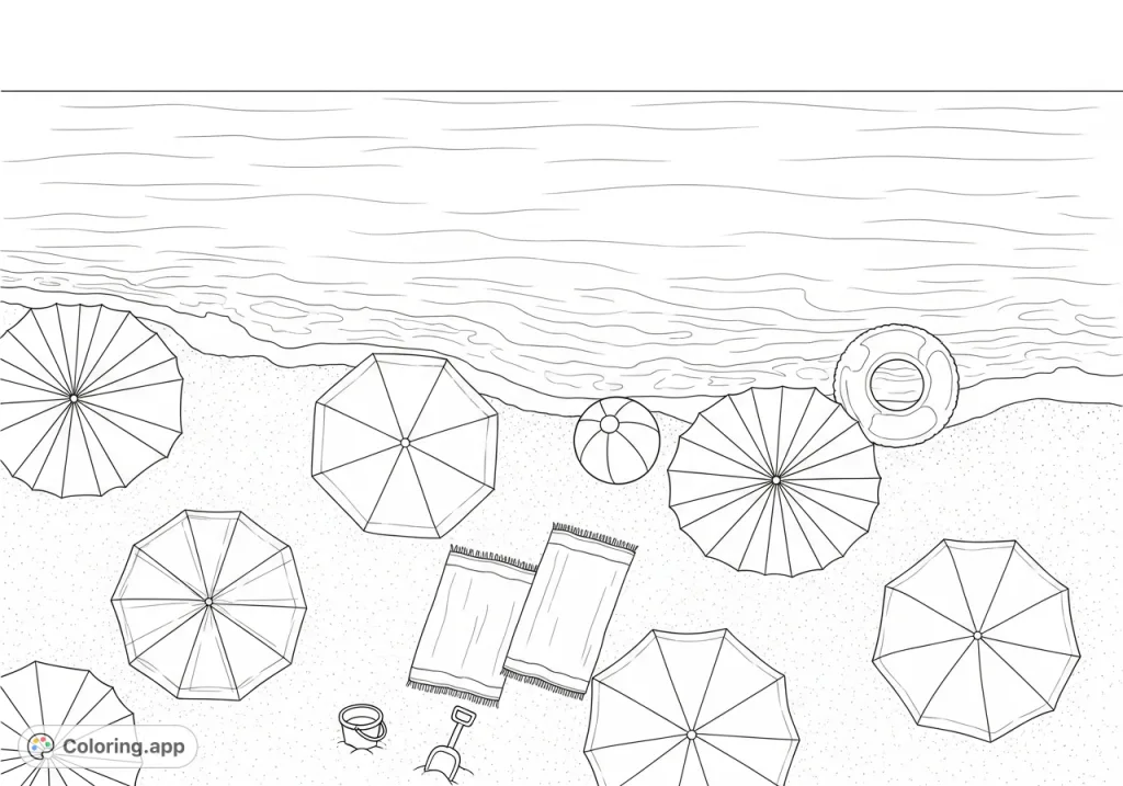 An inviting aerial summer beach scene featuring open umbrellas, a beach ball, a float on the water, and beach toys, perfect for a relaxing coloring escape.