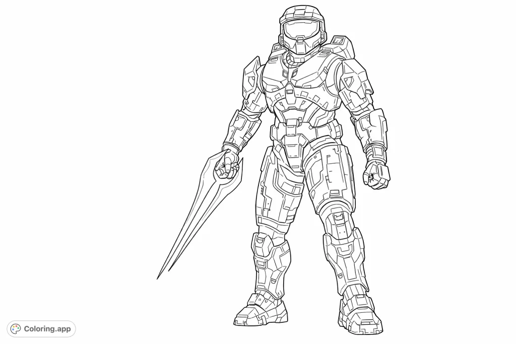 An epic armored warrior stands ready for battle, wielding a unique energy blade. This futuristic Spartan hero offers a challenging and engaging coloring experience.