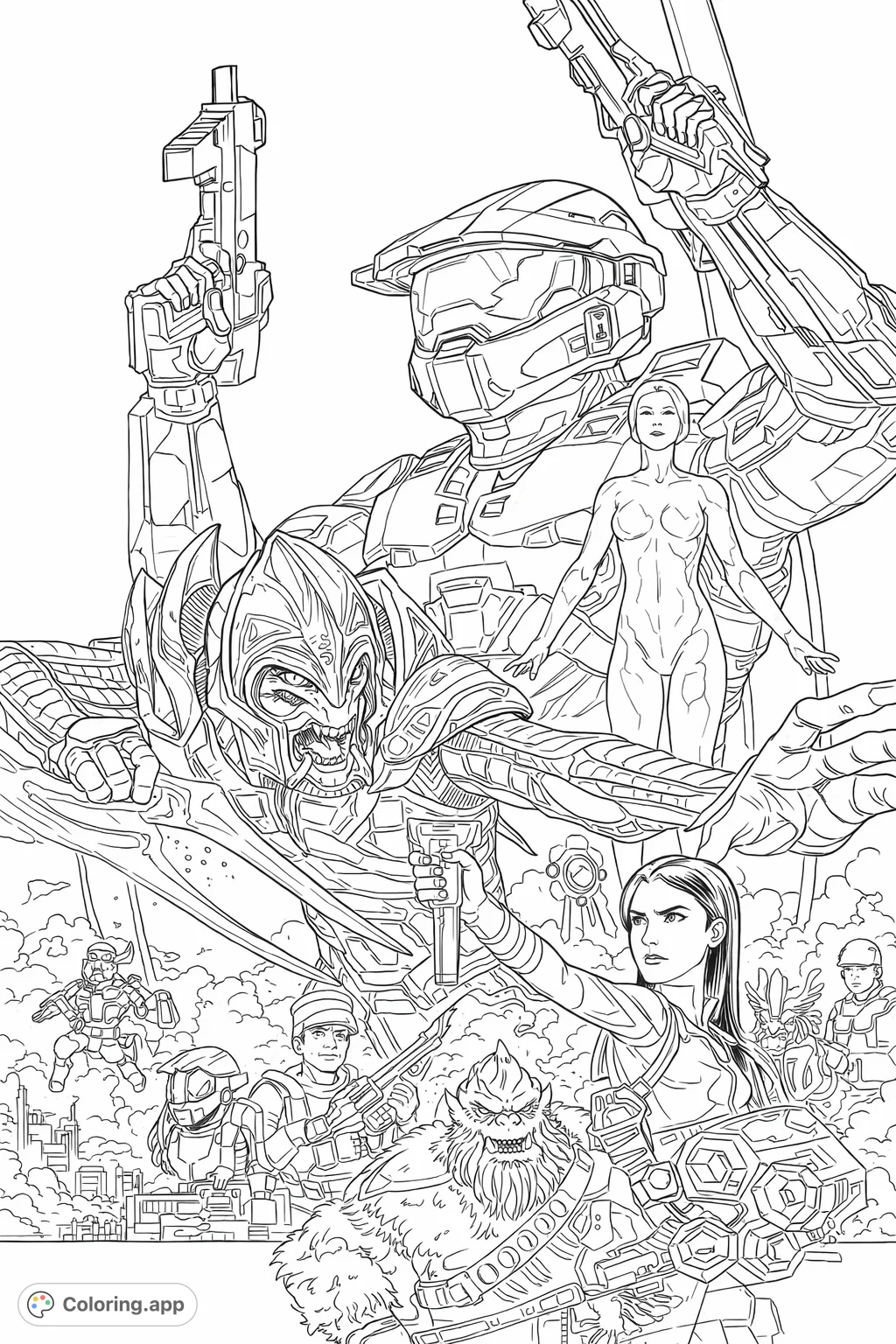 An intense Halo battle scene with iconic characters like Master Chief, Arbiter, and Cortana amidst a war-torn cityscape. Perfect for sci-fi fans.