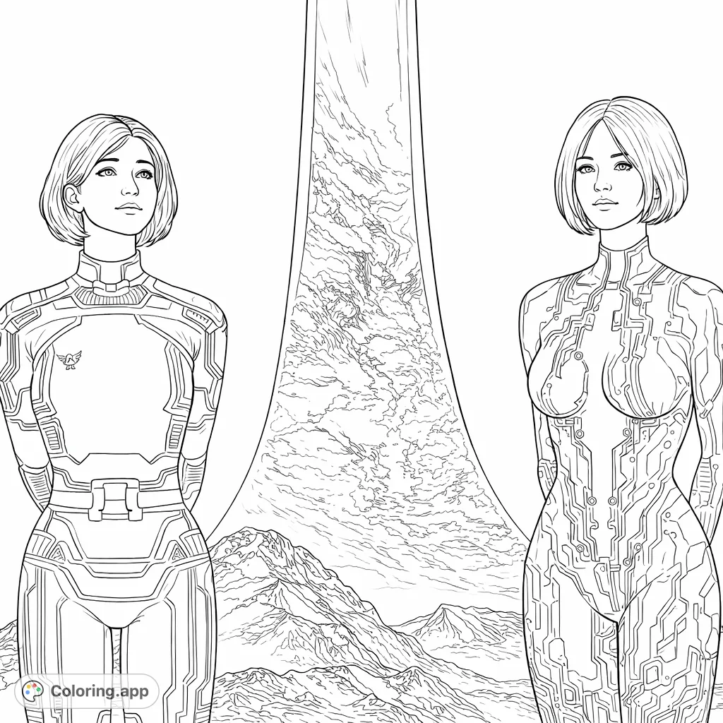 Explore a futuristic world with two advanced AI figures standing before a colossal ring structure and distant mountains. Unleash your creativity!