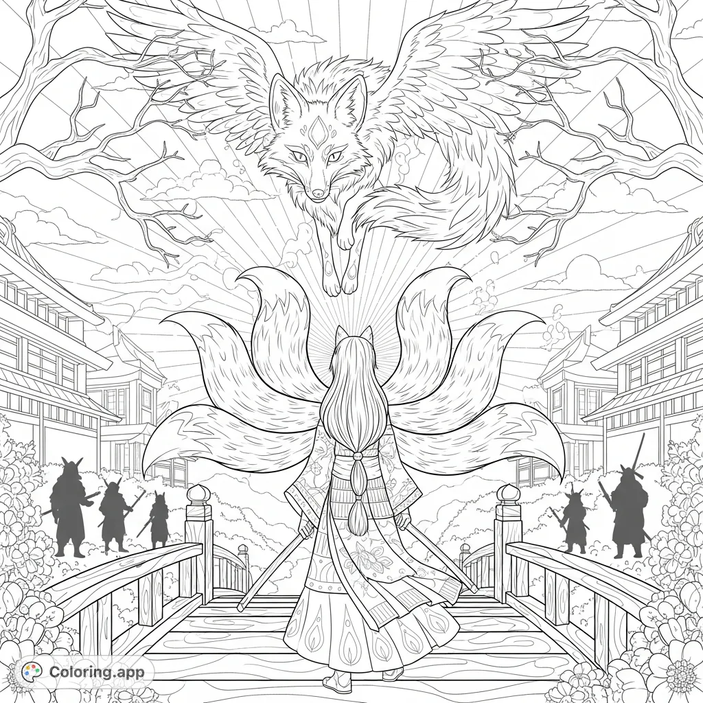 An intricate fantasy fox spirit coloring page depicting a majestic Anime Samurai on a bridge, a soaring mythical fox, and Japanese scenery with complex patterns.