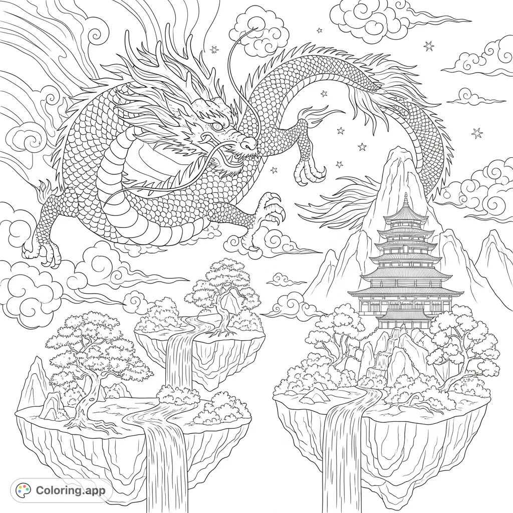 A majestic dragon with shimmering scales and antler-like horns soars through a celestial sky, commanding storms above floating landscapes and a grand Chinese temple.