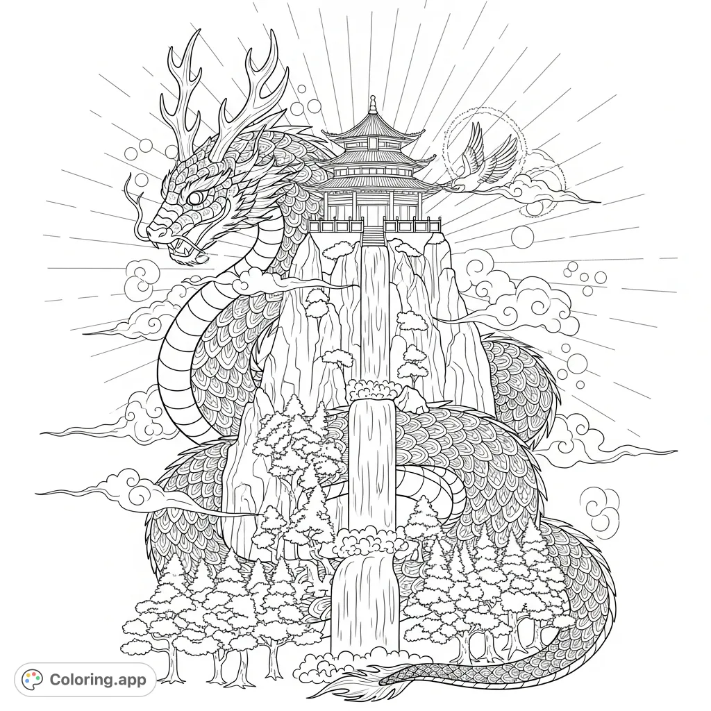 A majestic serpent with intricate scales and antler horns coils around a mountain with a Chinese Imperial temple, waterfall, and trees. A detailed mythical scene.