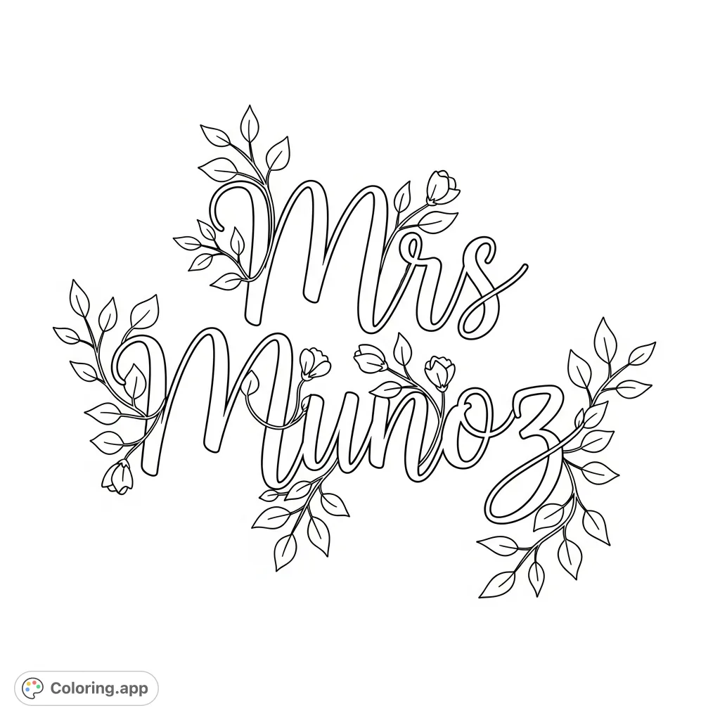 An elegant "Mrs Munoz" cursive script coloring page, intertwined with delicate vines and floral elements. A beautiful, free printable coloring page for all ages.