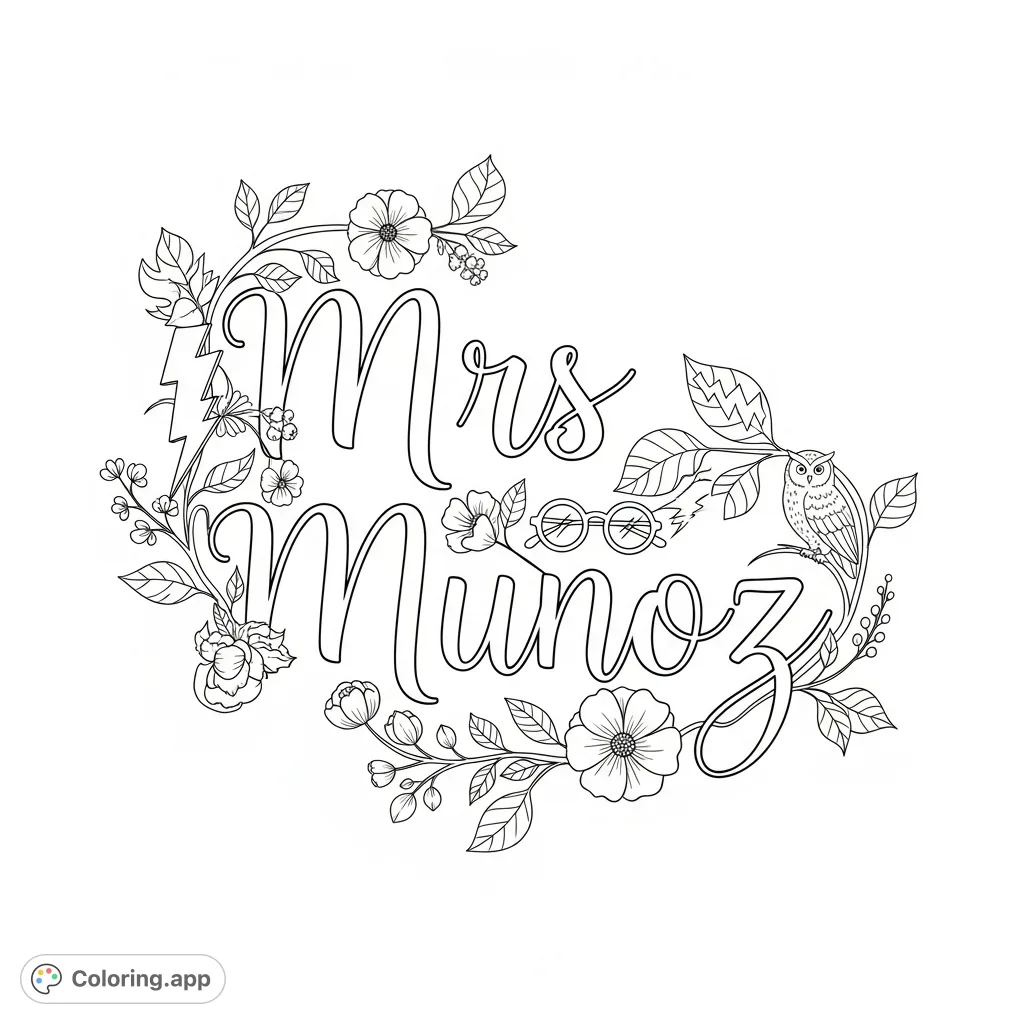 A delightful Mrs Munoz coloring page featuring elegant cursive intertwined with vines, blooming flowers, and subtle magical elements inspired by Harry Potter. Perfect for fans!