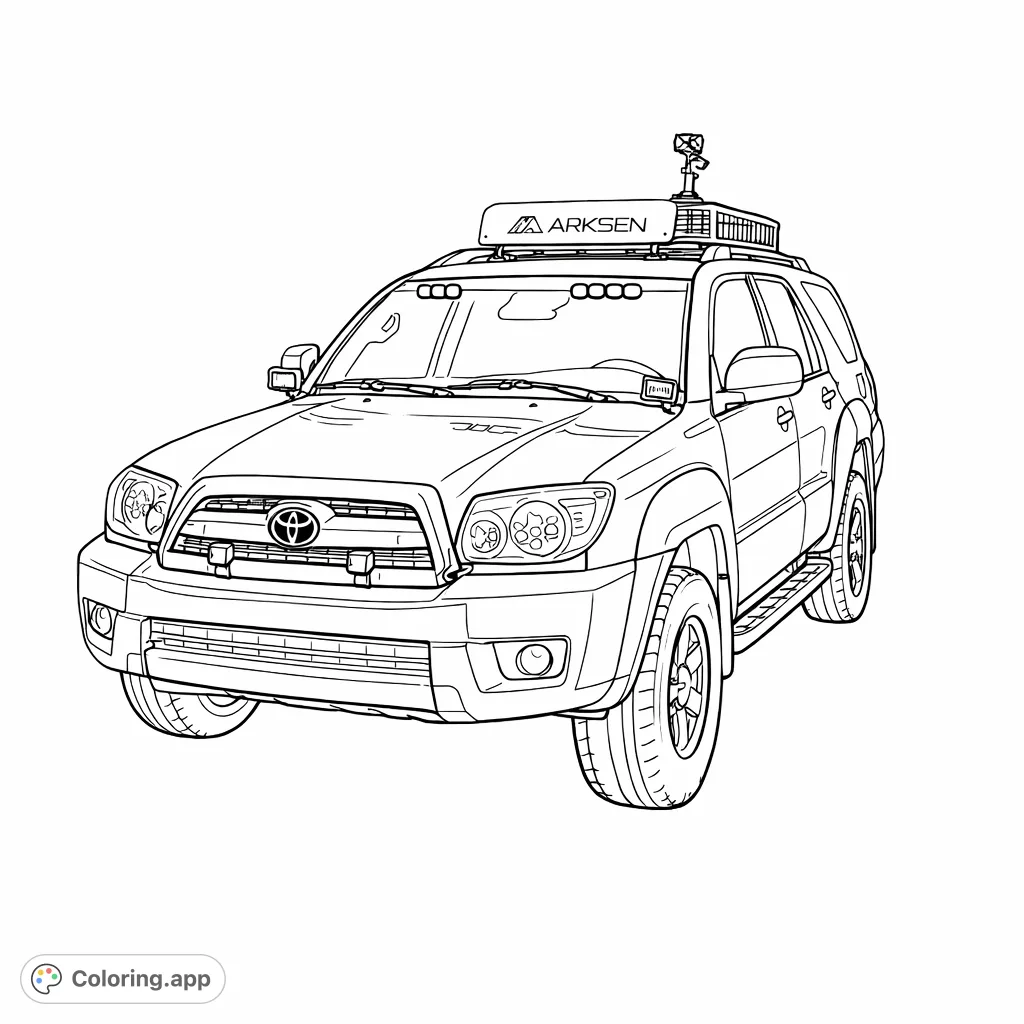 Explore a detailed off-road SUV, complete with a roof rack and numerous lights, ready for customization. Perfect for vehicle enthusiasts and aspiring adventurers.