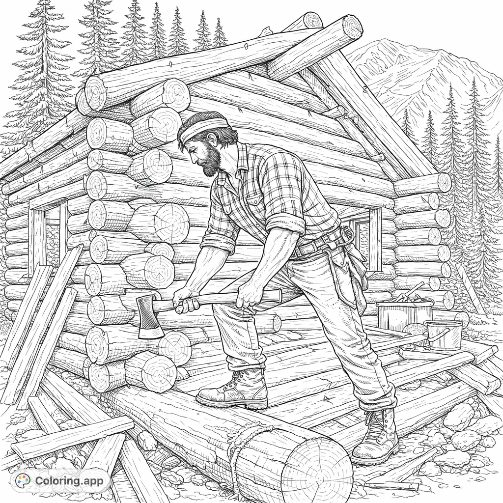 A detailed coloring page depicting a man diligently building a rustic log cabin amidst a dense forest and majestic mountains. Features intricate wood textures.