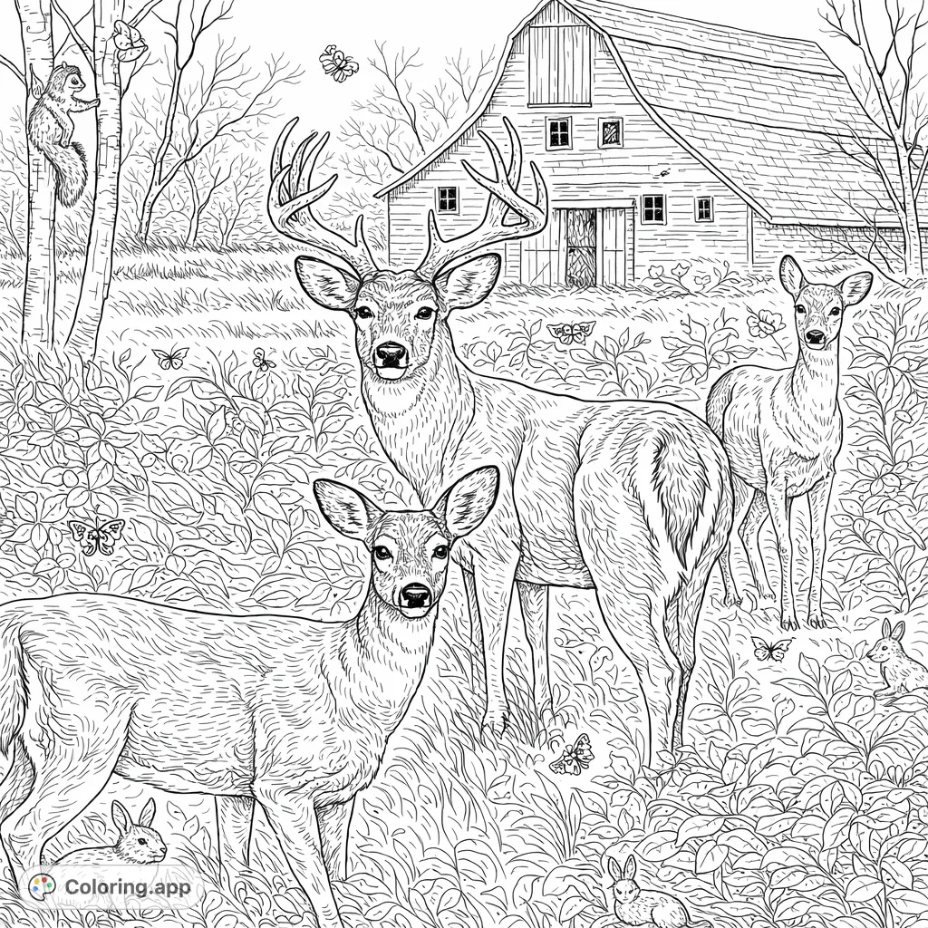 An intricate hand-drawn sketch of majestic deer by an old barn, surrounded by detailed foliage. Perfect for nature lovers.
