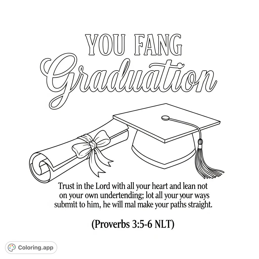 A celebratory graduation coloring page featuring a diploma, cap, and the inspiring Bible verse Proverbs 3:5-6 NLT. Perfect for commemorating achievements.