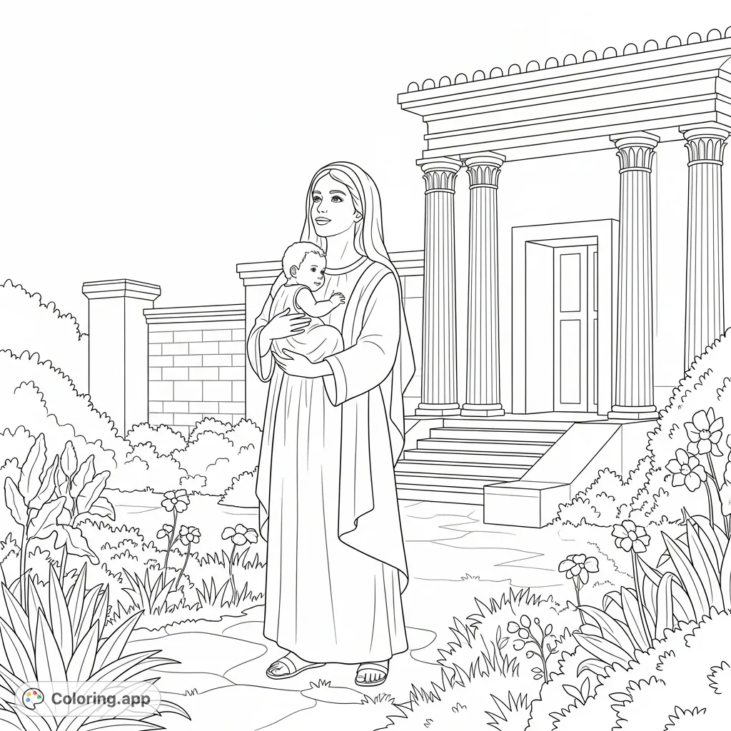 A heartfelt biblical scene featuring Hannah and her baby in a tranquil garden outside a temple, giving thanks. A peaceful and spiritual coloring page.