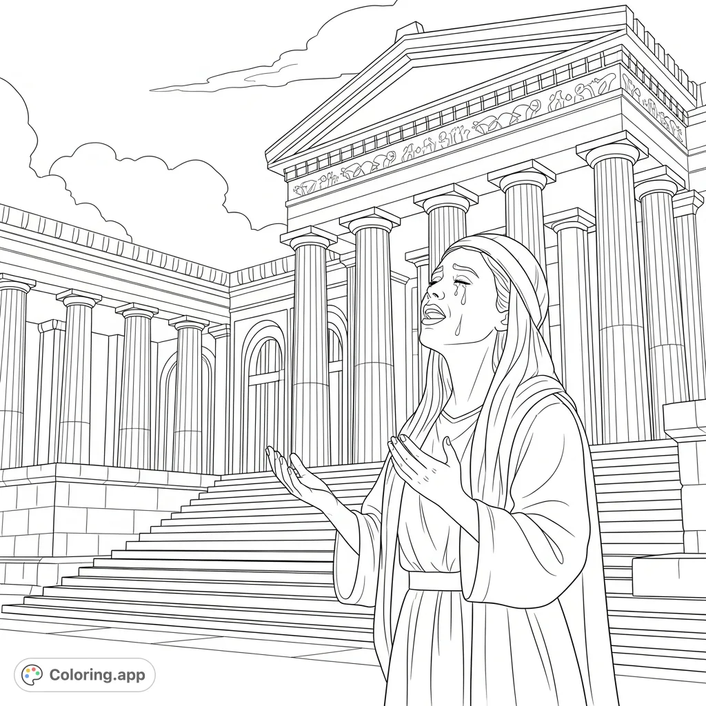 A powerful Biblical scene of Hannah outside the temple, singing a song of praise with tears of joy, depicting deep emotion and gratitude.