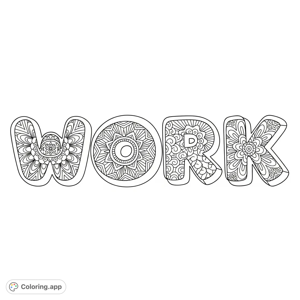 Unleash creativity with this bubble letter 'WORK' coloring page, featuring unique patterns within each letter, perfect for relaxation and motivation.