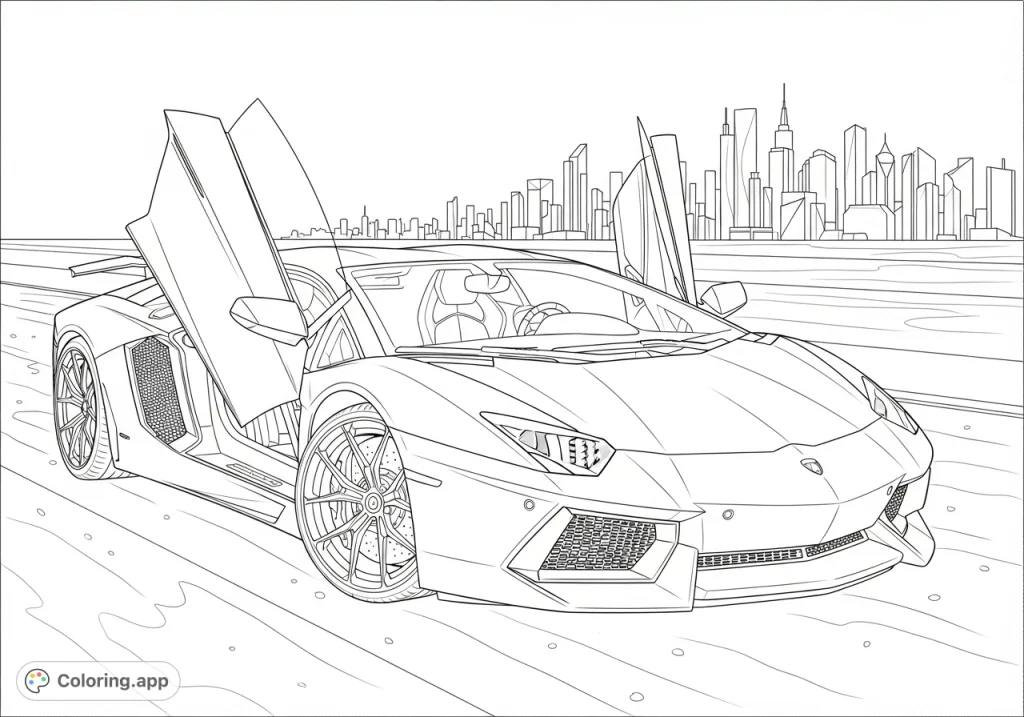 Capture the powerful lines of a Lamborghini Aventador against a grand city backdrop. A dynamic and exciting automotive coloring page.