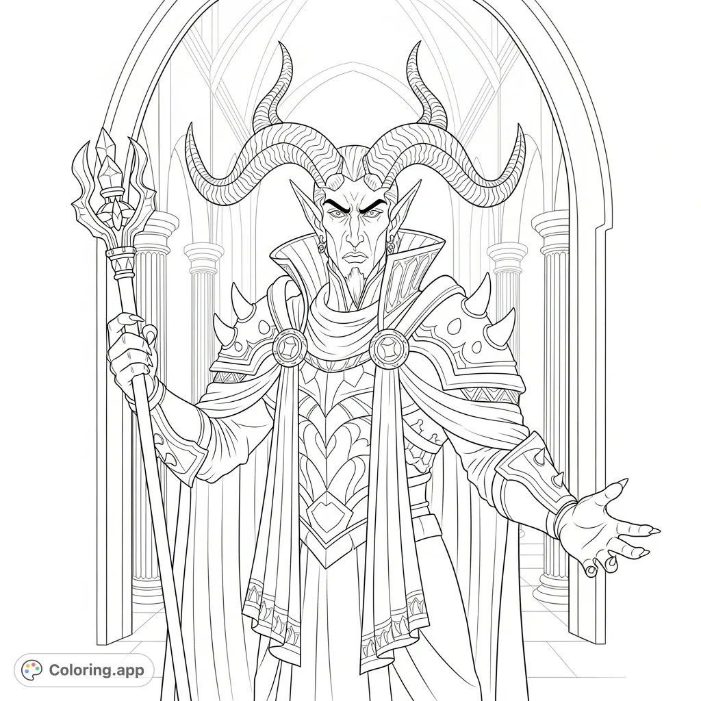 A powerful Duke devil with magnificent horns and elaborate attire stands in a grand hall, ready for a captivating coloring adventure.