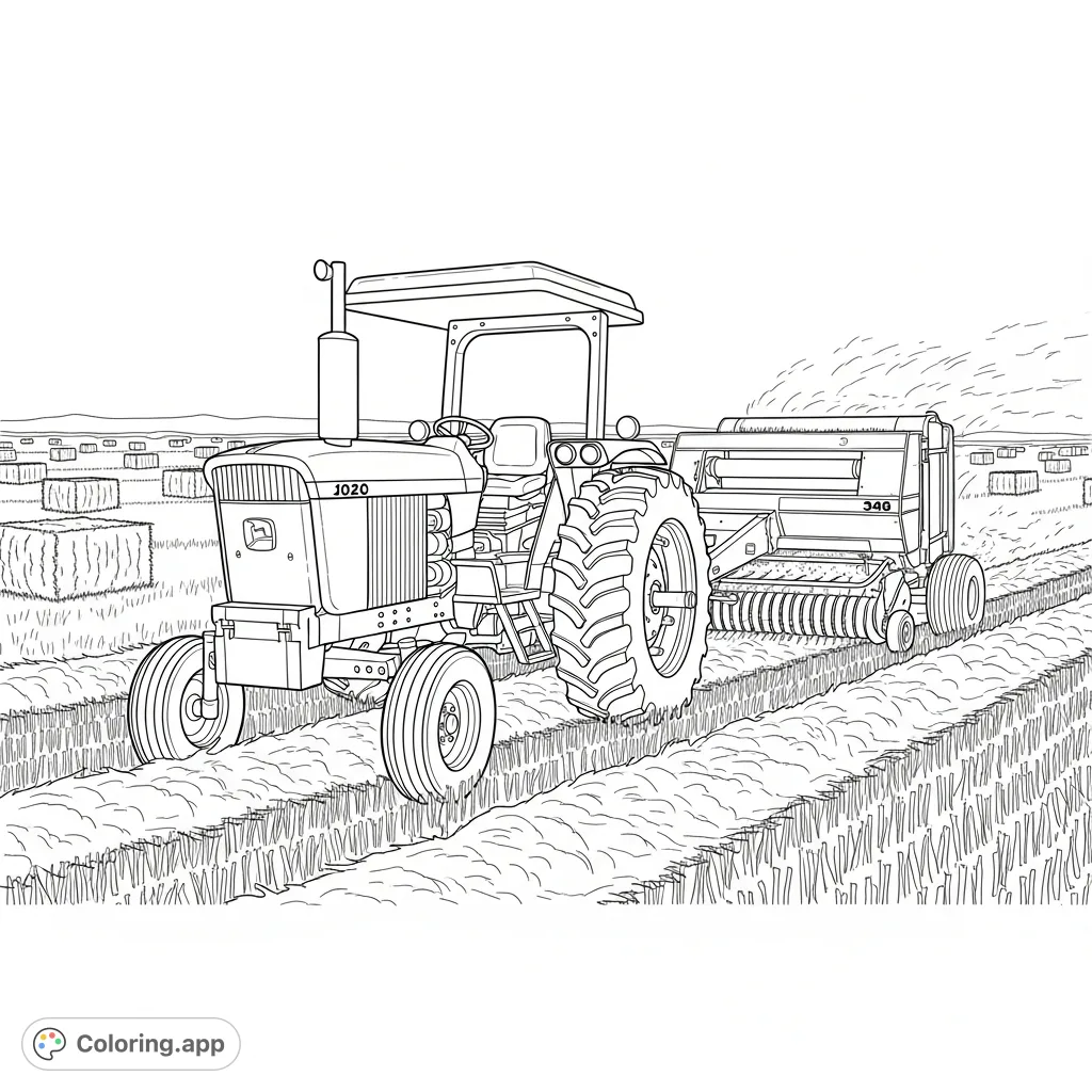 A classic John Deere 4020 tractor with a roll bar and canopy, actively baling hay with a John Deere 348 hay baler in a vast field.