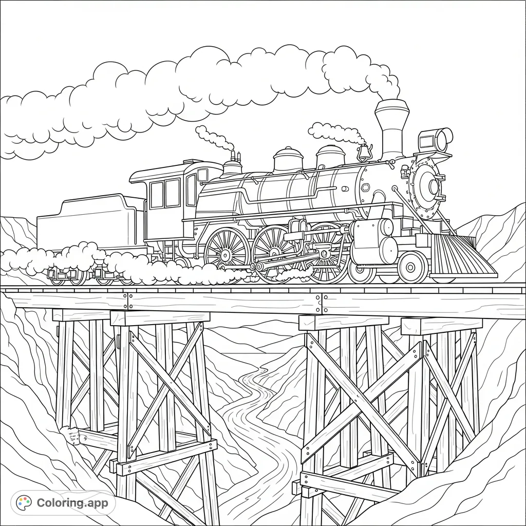 Experience the grandeur of a classic steam locomotive as it crosses a towering wooden trestle over a scenic valley. A detailed, free printable steam locomotive coloring page.