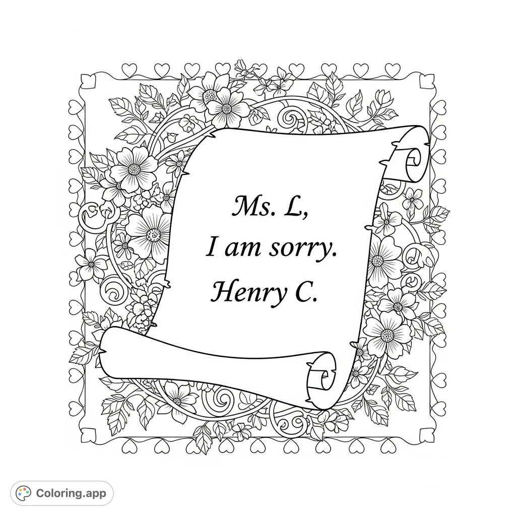 A heartfelt apology adorns an ornate scroll, surrounded by delicate floral patterns and sweet heart accents, creating a thoughtful and intricate coloring experience.
