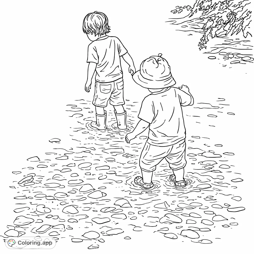 Two young children wade through a rocky stream, exploring nature's wonders. A delightful outdoor adventure coloring page for imaginative play and relaxation.