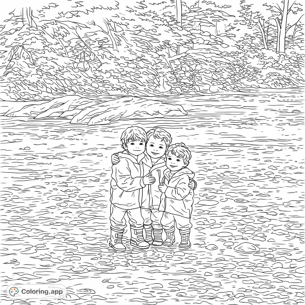 A heartwarming family river adventure coloring page featuring an adult with two young children enjoying a peaceful moment in a shallow, rocky stream.