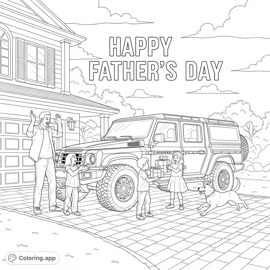 A heartwarming Father's Day scene: a dad surprised with an Ineos Grenadier Quartermaster by his family in their driveway, complete with a playful dog and "Happy Father's Day" text.