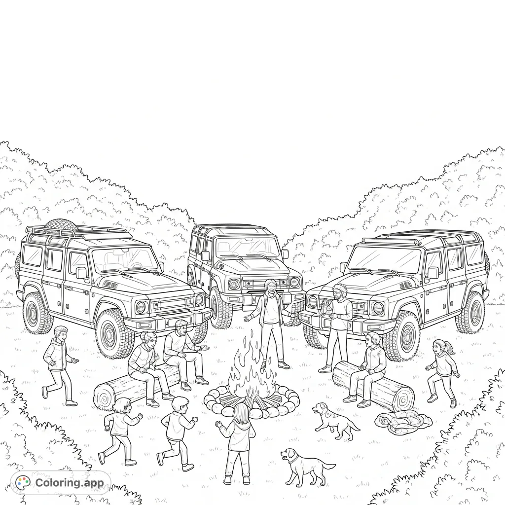 An exciting Ineos Grenadiers campfire scene with friends, family, kids, and dogs, perfect for adventure enthusiasts and detailed coloring.