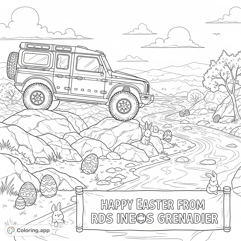 Navigate an RDS INEOS Grenadier across a rugged river scene, adorned with Easter eggs and bunnies, and a special seasonal greeting. A challenging off-road adventure.