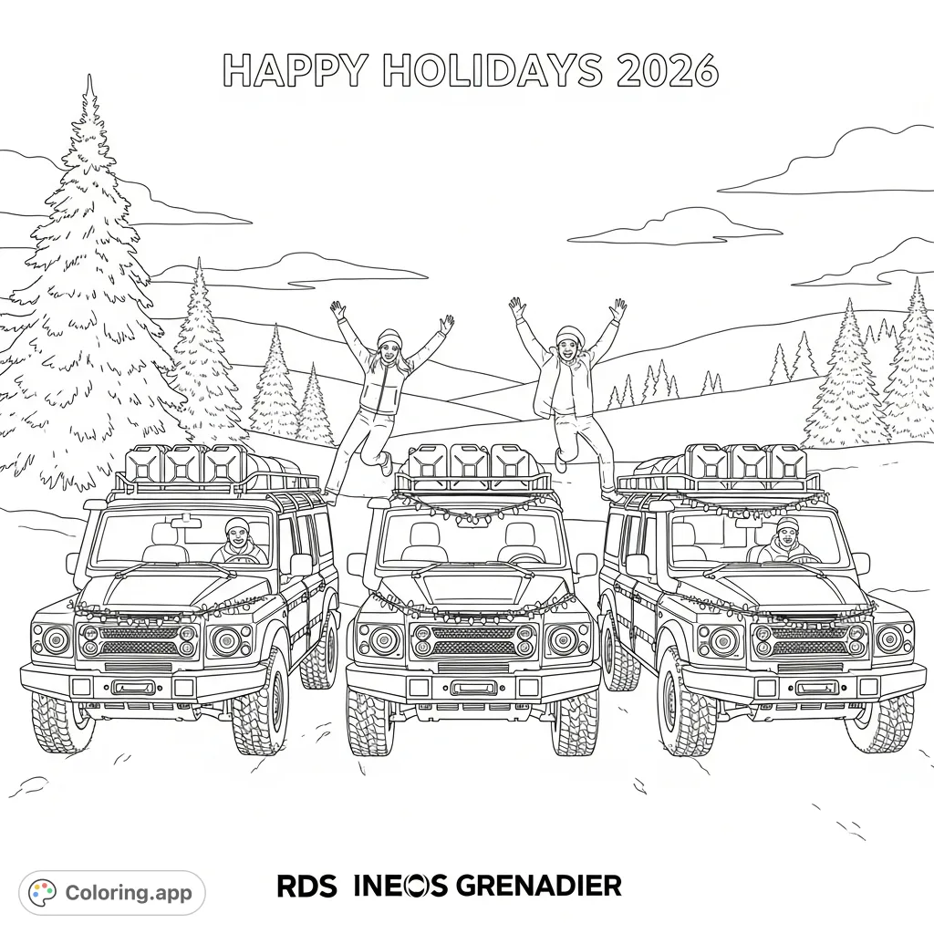 A festive INEOS GRENADIERS coloring page featuring Fieldmaster, Trialmaster, and Quartermaster vehicles in a snowy holiday scene with joyful people and text.