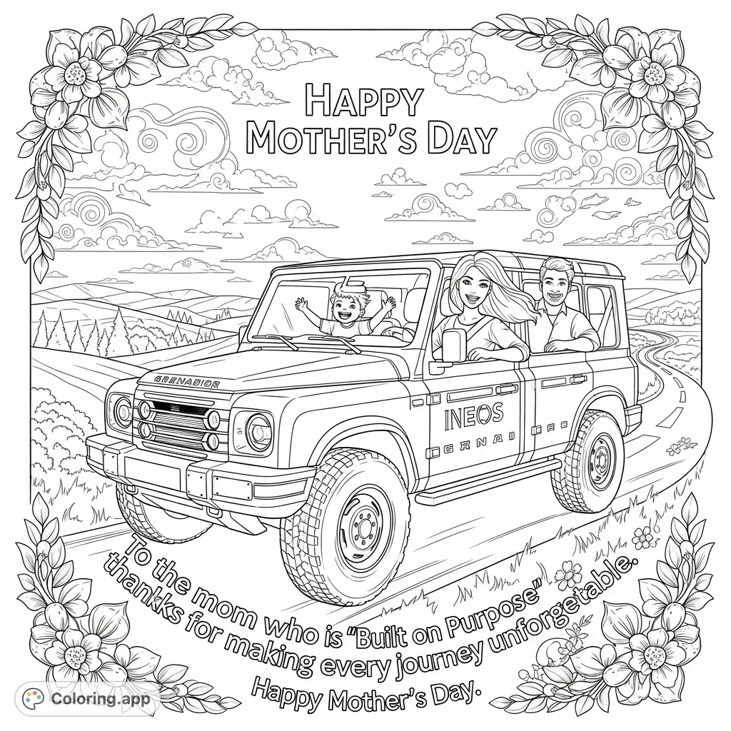 Celebrate Mom with this unique INEOS Grenadier coloring page! Features a happy mom driving her family, with special Mother's Day messages.