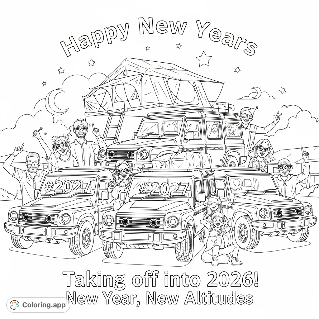 Celebrate the New Year with three INEOS GRENADIER vehicles and cheerful families counting down to 2026! A fun, free printable coloring page.