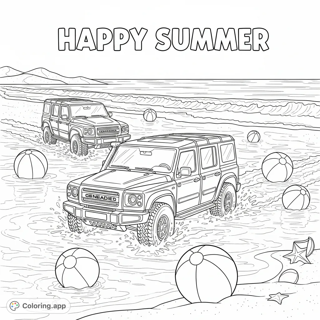 Two INEOS GRENADIER vehicles splash through beach waves surrounded by playful beach balls and "Happy Summer" text. A fun, free printable beach adventure coloring page!