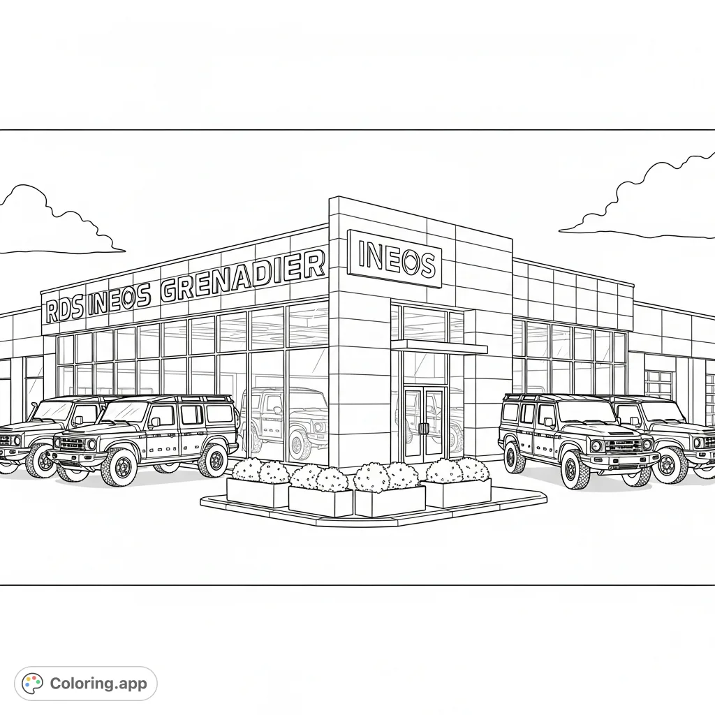 Explore the RDS Ineos Grenadier dealership in Devon, PA, with rugged Grenadier vehicles parked on the lot. A detailed automotive coloring page for enthusiasts.