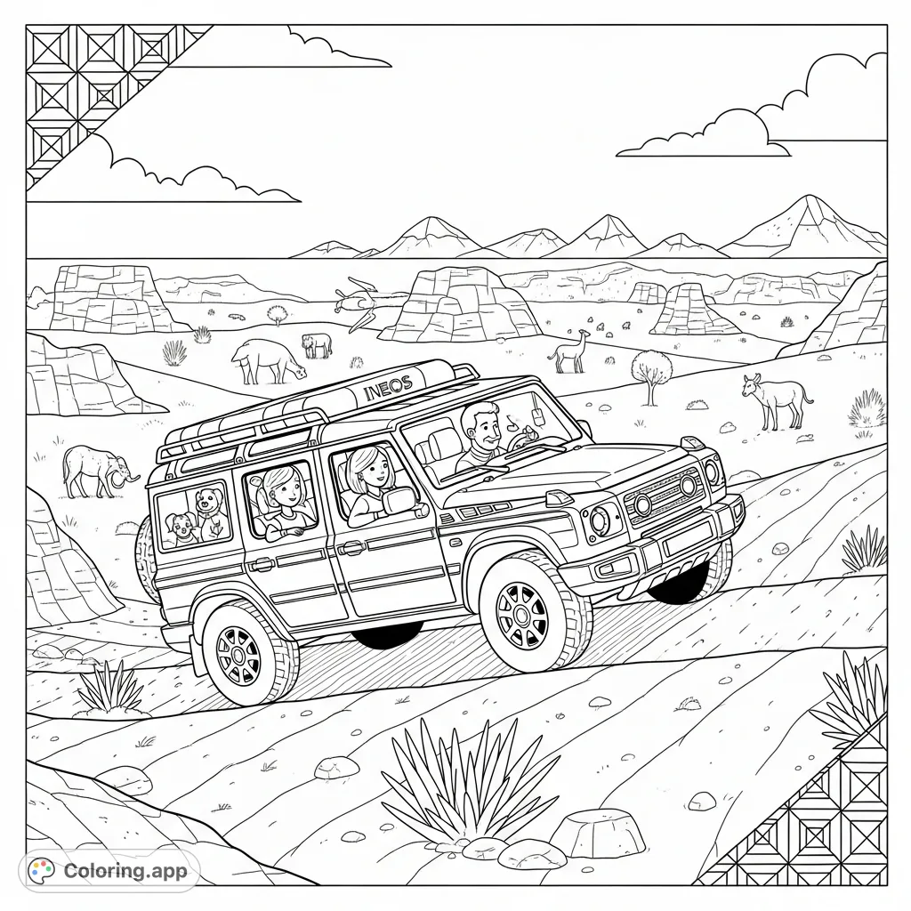 An INEOS Grenadier tackles a desert hill, with a couple inside admiring diverse wildlife. A thrilling free printable desert adventure coloring page for enthusiasts.