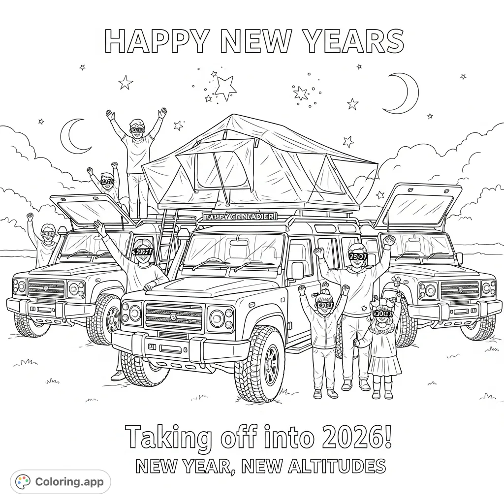 Celebrate the New Year with three INEOS GRENADIER vehicles, families counting down, and festive text. A fun, free printable coloring page for all!