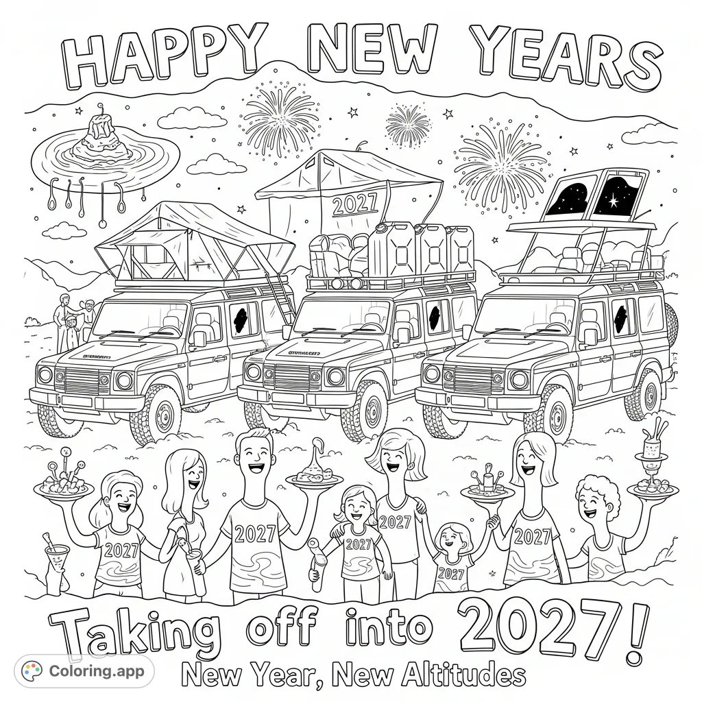 Celebrate 2027 with INEOS GRENADIER vehicles, families, and fireworks in a fun New Year countdown scene. Perfect for vehicle enthusiasts and festive spirits!