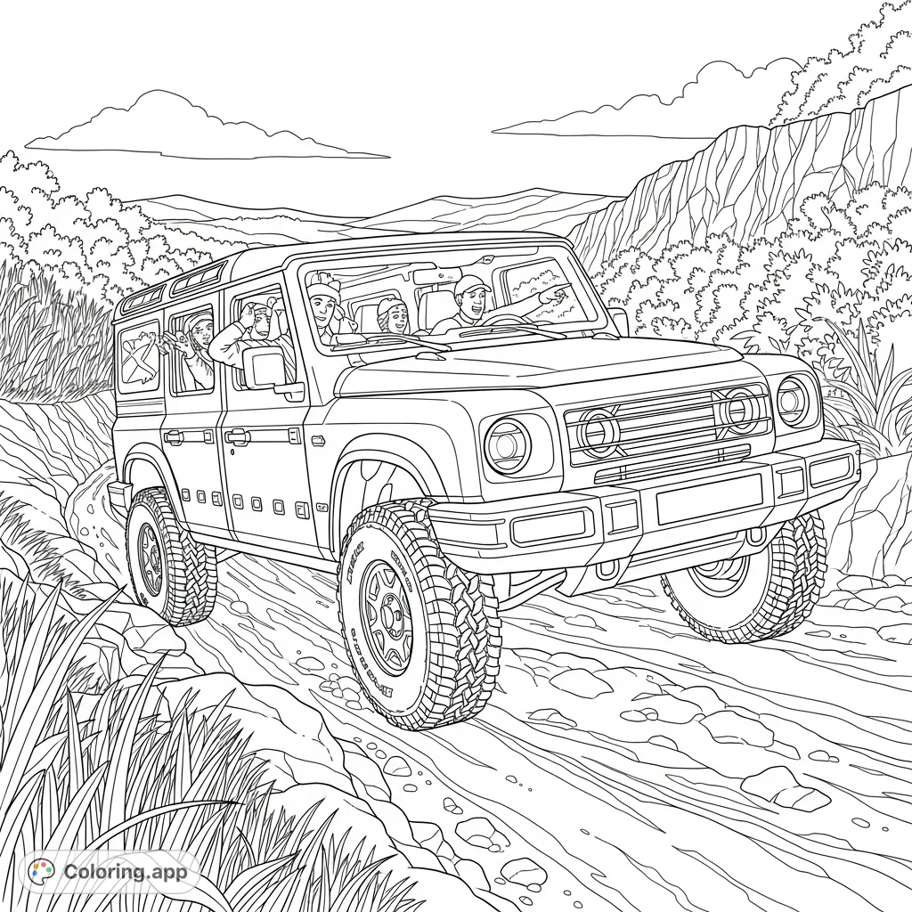 Embark on an epic off-road journey with the powerful RDS Ineos Grenadier. This detailed coloring page features passengers enjoying a rugged, adventurous landscape.