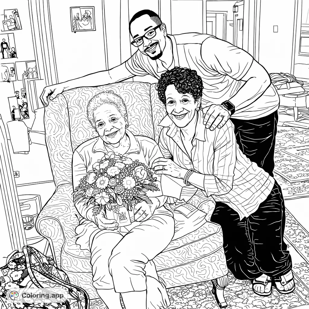 Celebrate family bonds with this heartwarming coloring page. An elderly woman, surrounded by loved ones, holds a beautiful floral arrangement, creating a scene of pure joy.