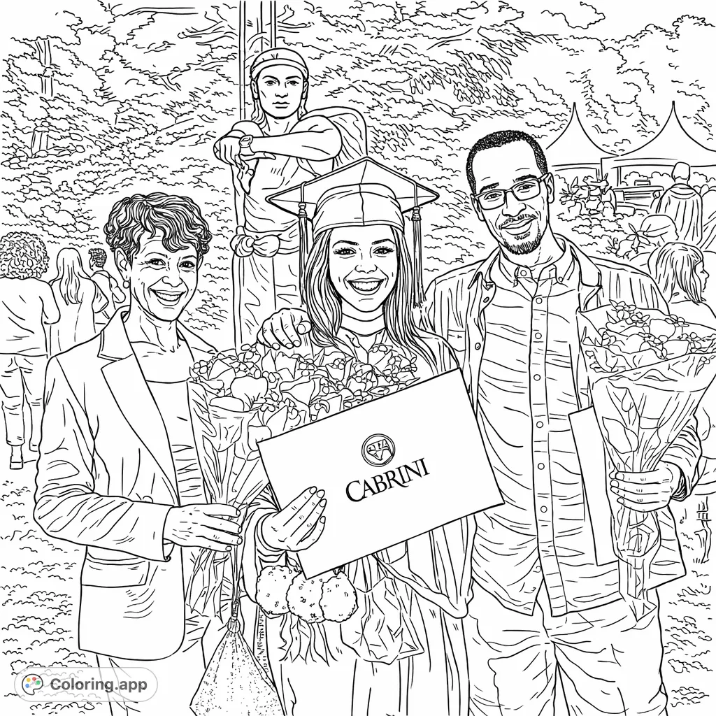 Celebrate a special graduation moment! This heartwarming coloring page features a graduate with family, surrounded by flowers, perfect for commemorating achievements.