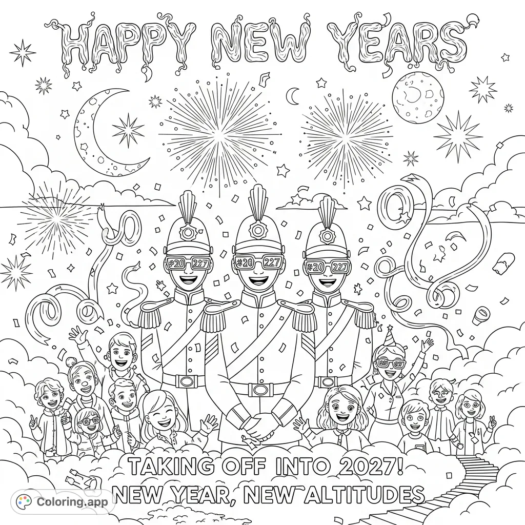 Celebrate a fun New Year with three smiling grenadiers, people, and children amidst confetti and fireworks. Featuring 'Happy New Years' and 'Taking off into 2027!' text.