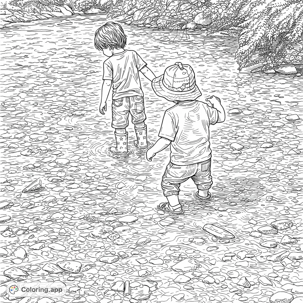 Two children explore a shallow, rocky stream, wading through the water and discovering nature. A delightful scene for young adventurers to color.