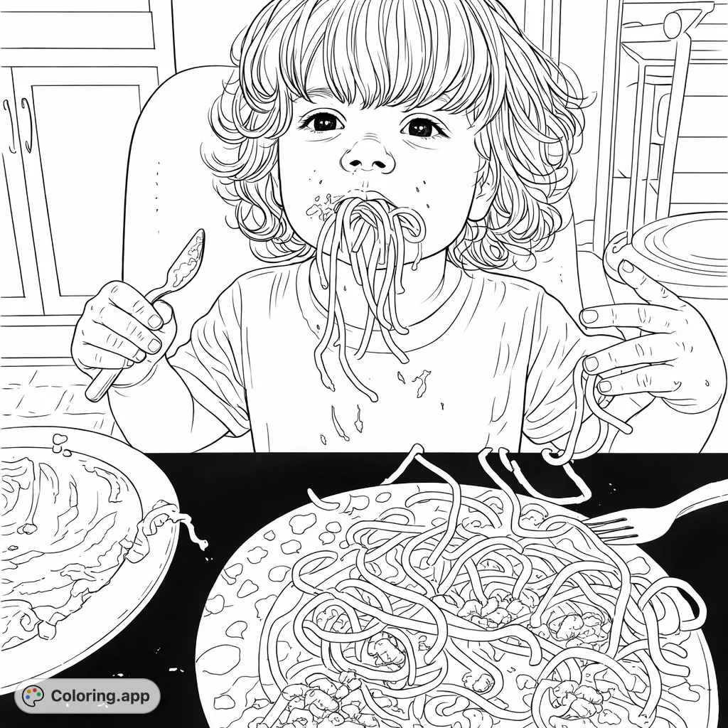 Enjoy coloring this delightful scene of a child enthusiastically tackling a messy spaghetti meal. A fun, relatable moment capturing childhood joy and delicious chaos.