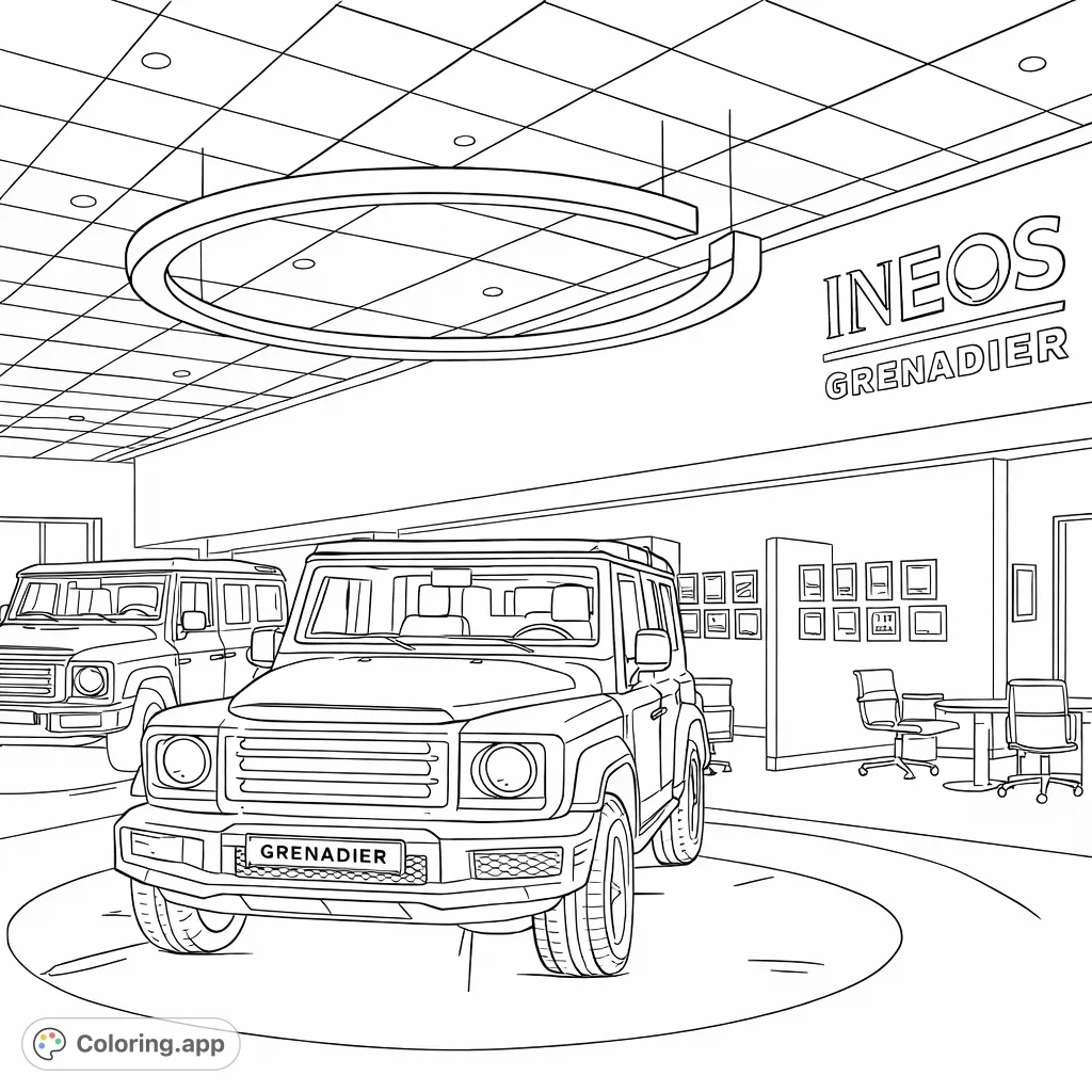 Explore a modern showroom featuring tough utility vehicles. This detailed coloring page offers intricate architectural elements and powerful automotive designs.