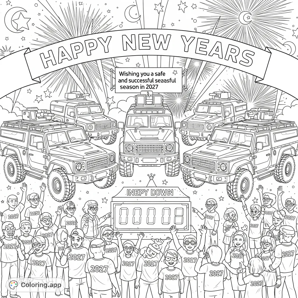 Celebrate New Year 2027 with Ineos Grenadiers, fireworks, and people wearing "2027" shirts. A fun and festive coloring page for all.