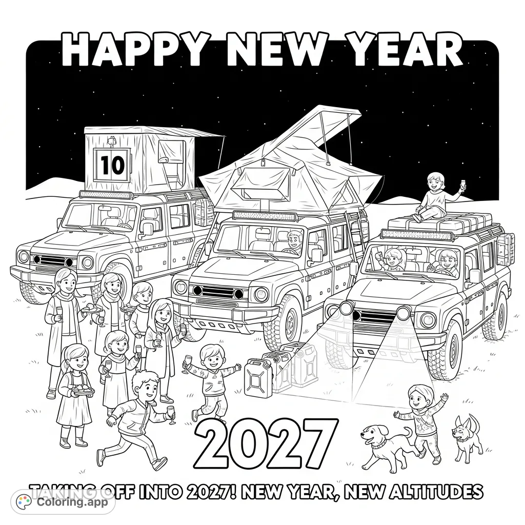 Celebrate New Year's Eve with this dynamic coloring page featuring families, "Happy New Year" text, and detailed Ineos Grenadier vehicles.