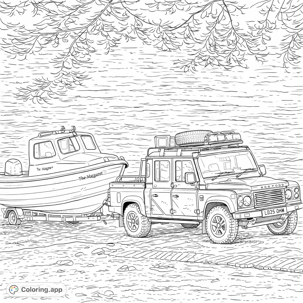 An adventurous scene featuring a robust utility vehicle towing a cabin boat, ready for a lakeside launch. Perfect for vehicle and outdoor enthusiasts.