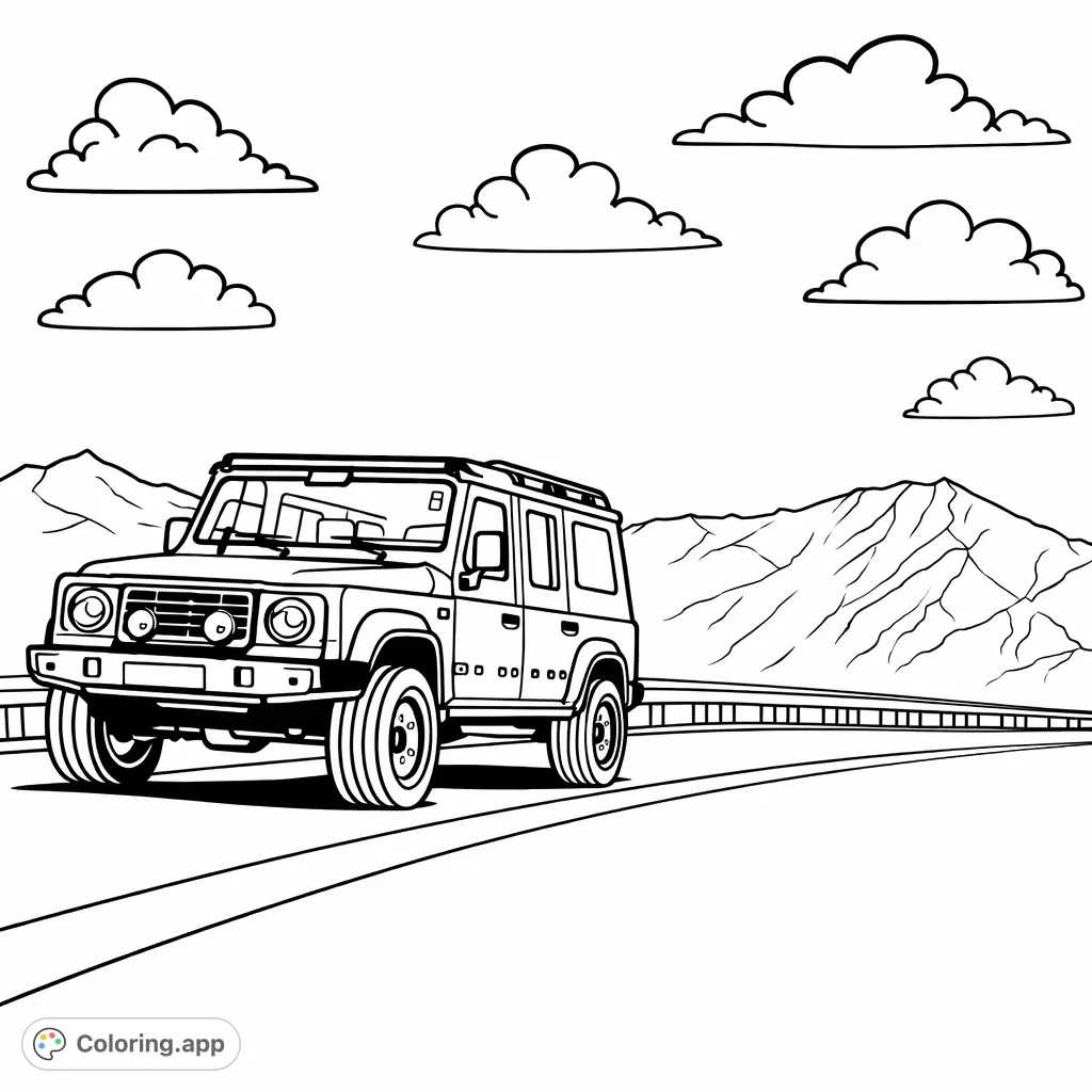Embark on an epic journey with this off-road vehicle coloring page. Featuring a rugged SUV against a mountain backdrop with clouds, it's a free printable adventure.