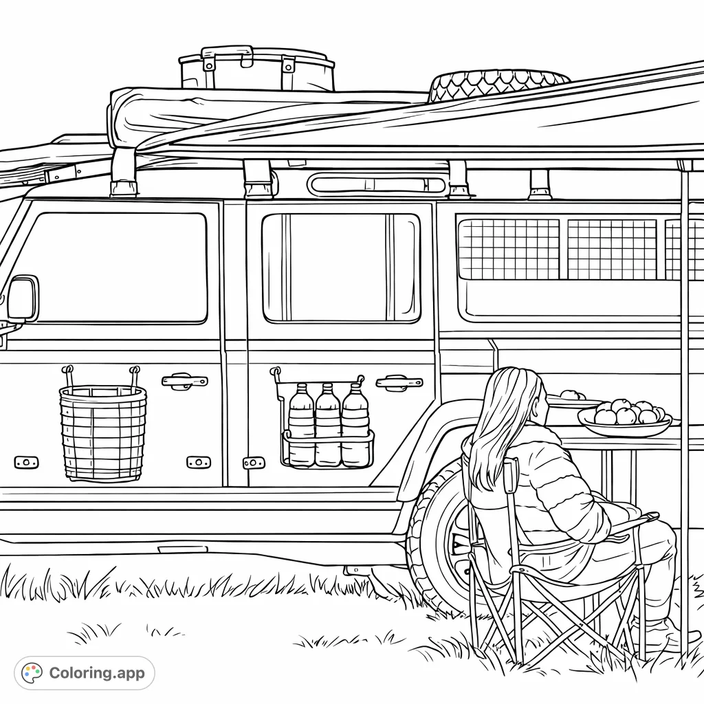 Explore an off-road adventure scene featuring a rugged vehicle equipped for camping, an extended awning, and a relaxed person enjoying the outdoors.